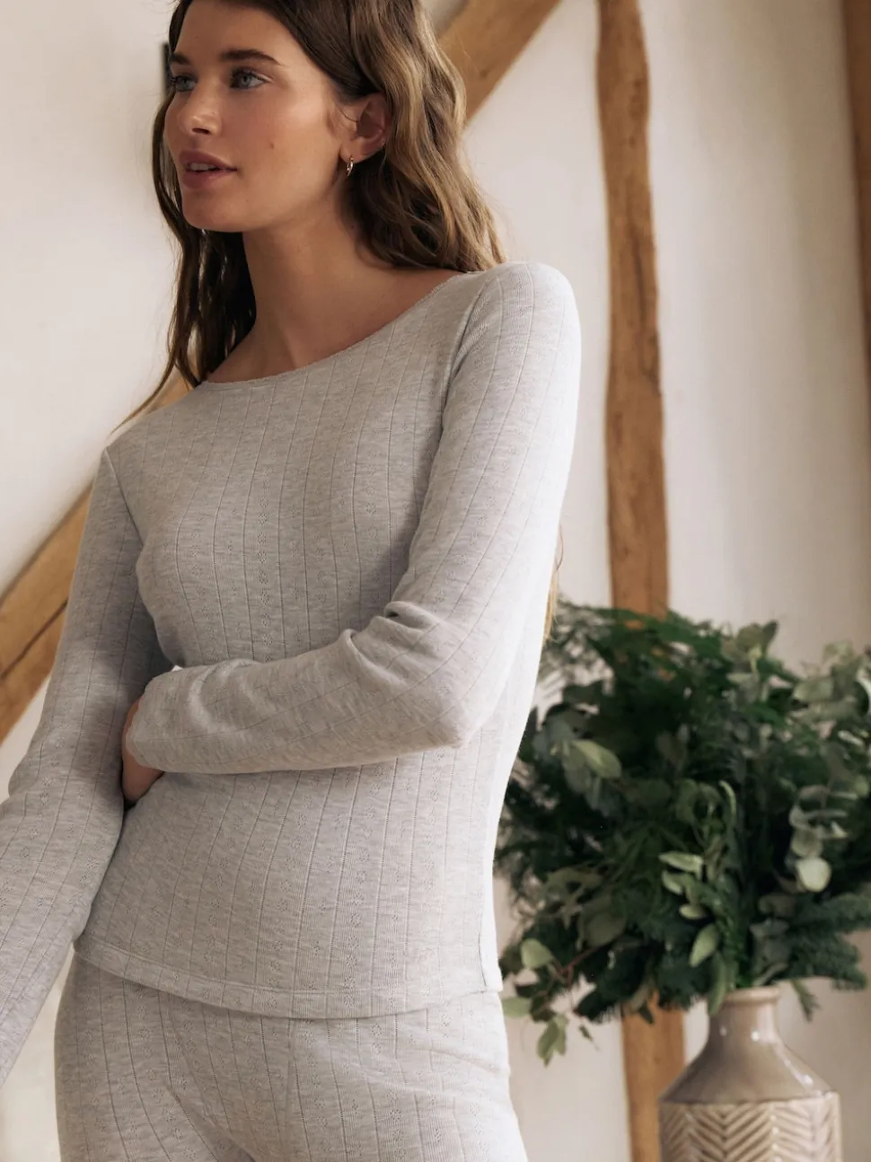 Marl gris - Haut thermique à manches longues en maille pointelle