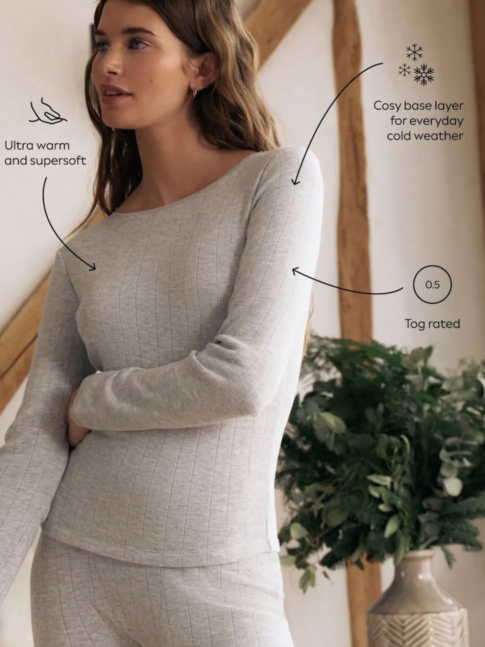 Marl gris - Haut thermique à manches longues en maille pointelle