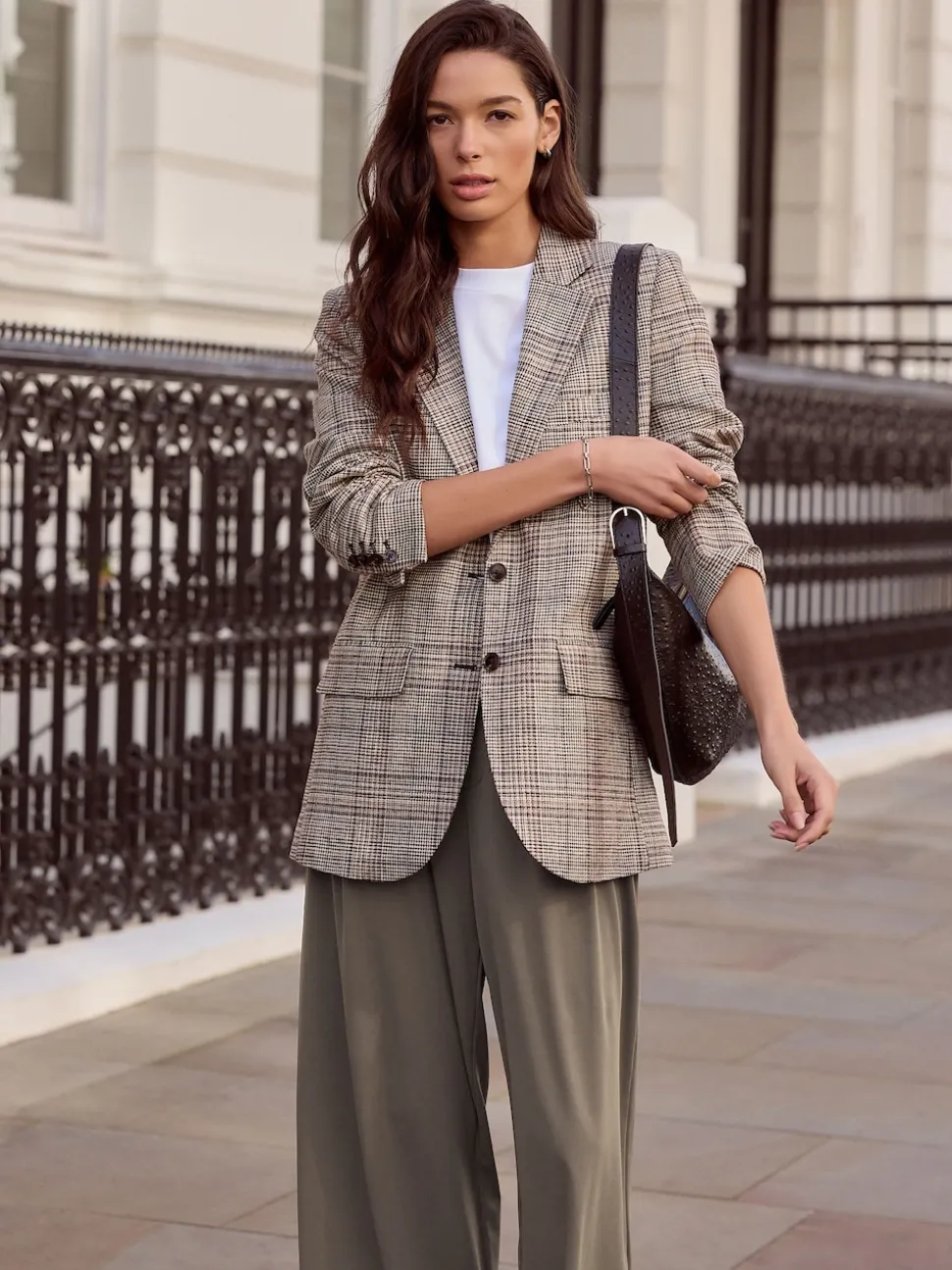 Marron - Blazer N. Premium à carreaux, riche en lin, simple boutonnage