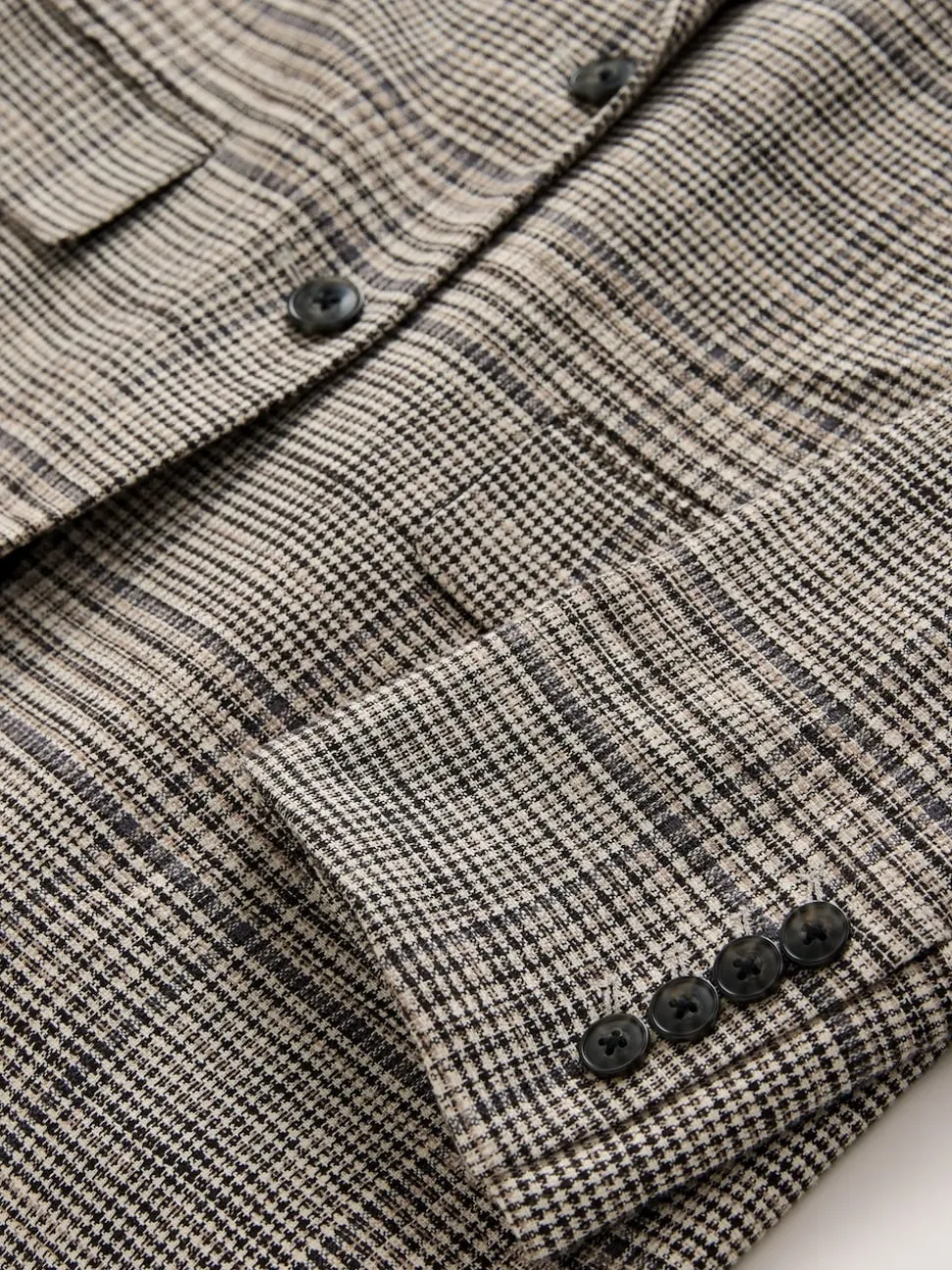 Marron - Blazer N. Premium à carreaux, riche en lin, simple boutonnage
