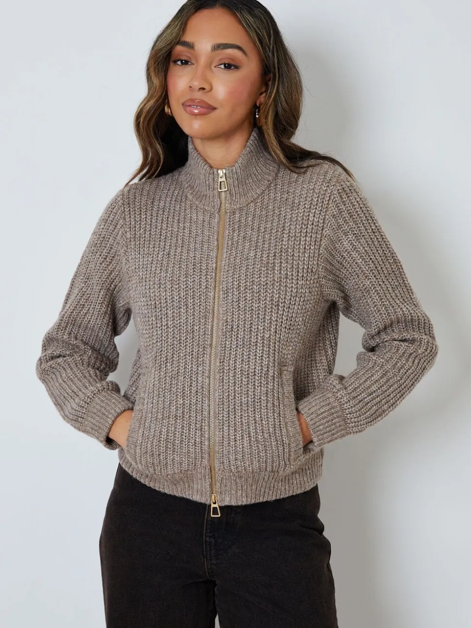 Marron - Blouson Threadbare zippé en maille