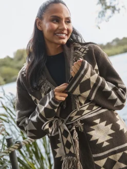 Marron - Cardigan à franges South Beach Jacquard Wasit en maille à cravate