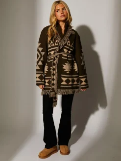 Marron - Cardigan à franges South Beach Jacquard Wasit en maille à cravate
