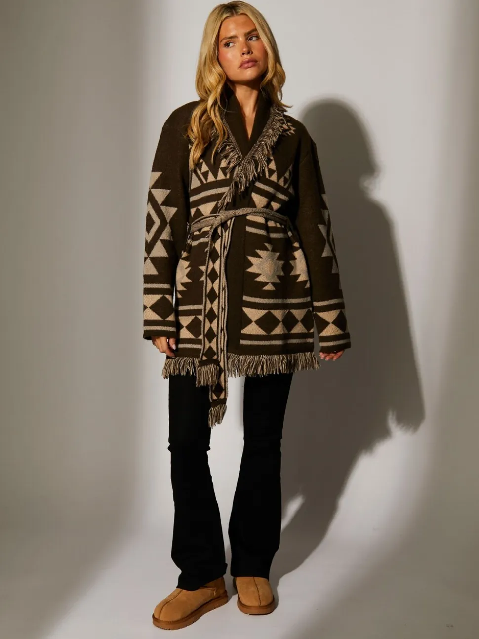 Marron - Cardigan à franges South Beach Jacquard Wasit en maille à cravate