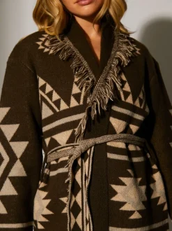 Marron - Cardigan à franges South Beach Jacquard Wasit en maille à cravate