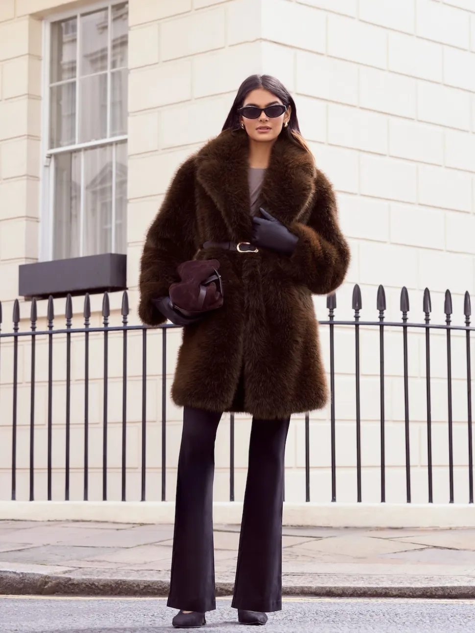 Marron - Friends Like These Manteau mi-long en fausse fourrure Ceinturé Lucy Mecklenborgh