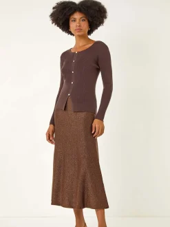 Marron - Jupe mi-longue Roman en maille brillante