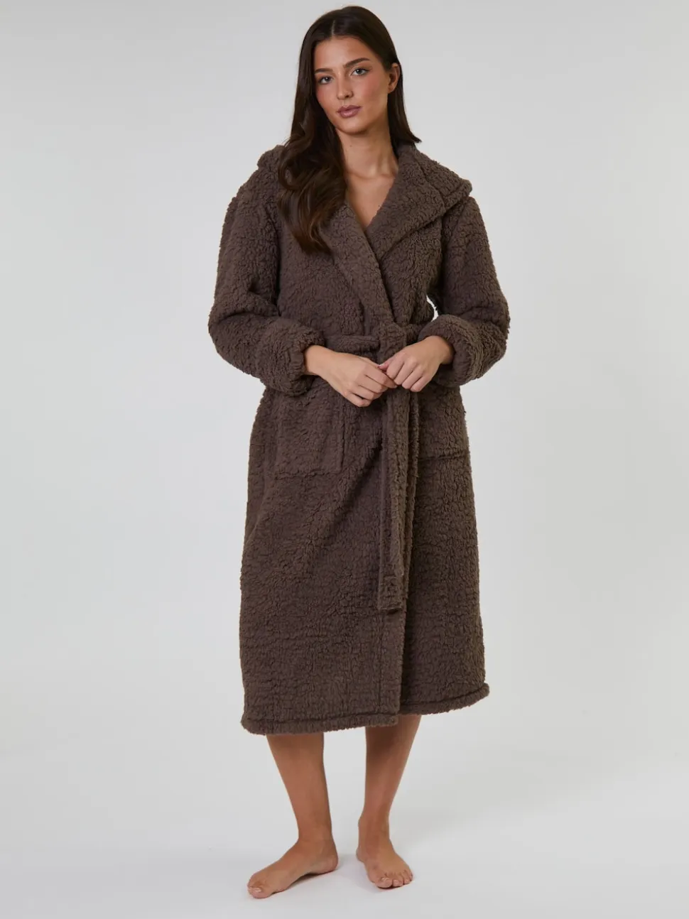 Marron - Loungeable Chunky Sherpa À capuche Midaxi Peignoirs