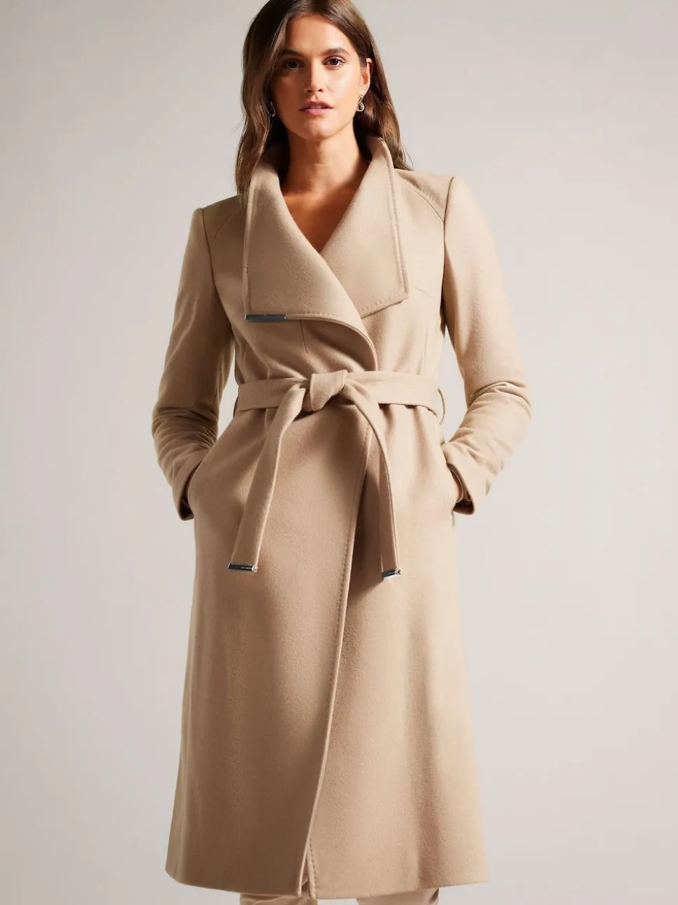 Marron - Manteau Ted Baker Rose mi-long en laine à ceinture