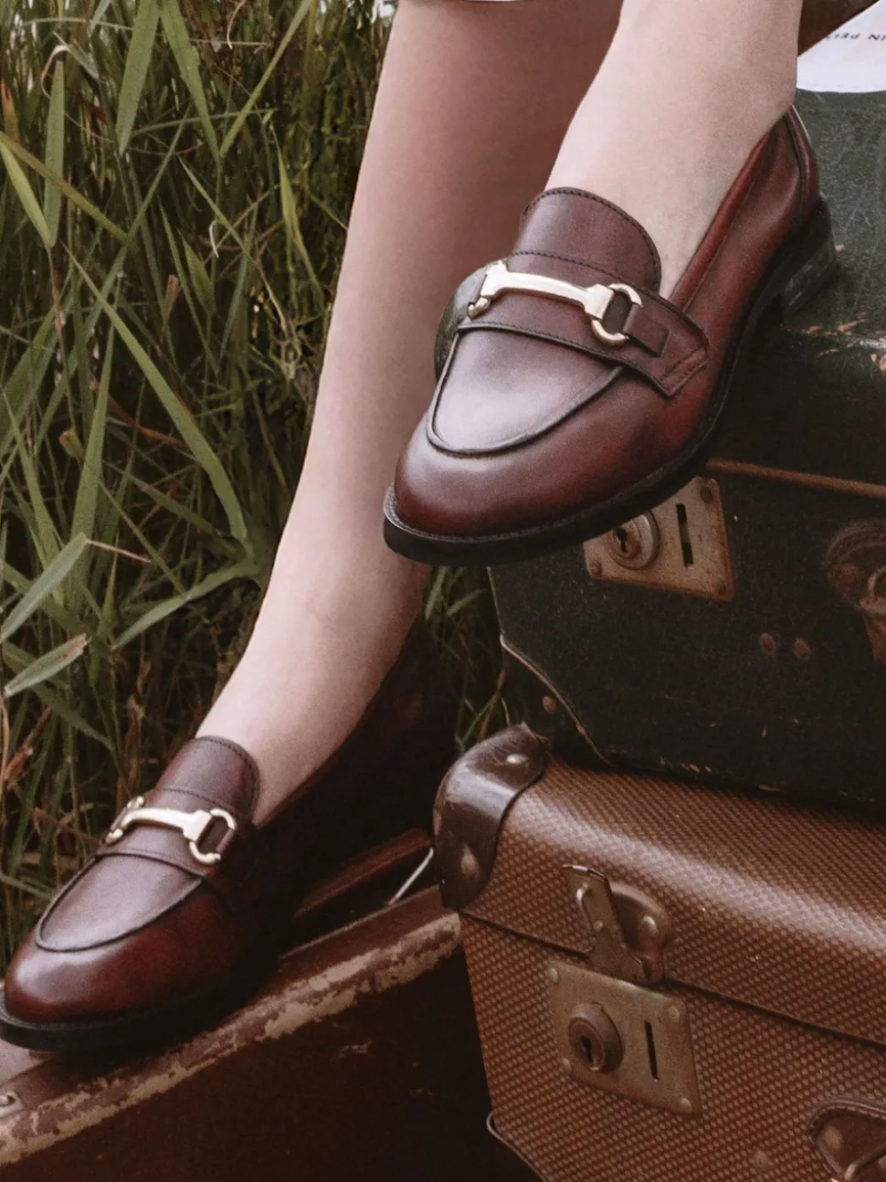 Marron - Moda in Pelle Mocassins Elarra plats avec bordure snaffle