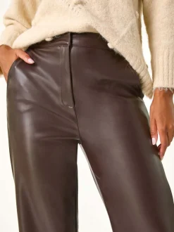 Marron - Pantalon Roman Imitation Cuir Large Raccourci