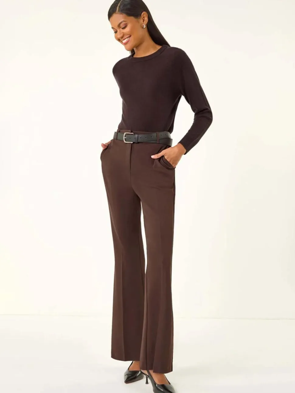 Marron - Pantalons bootcut longs extensibles Roman