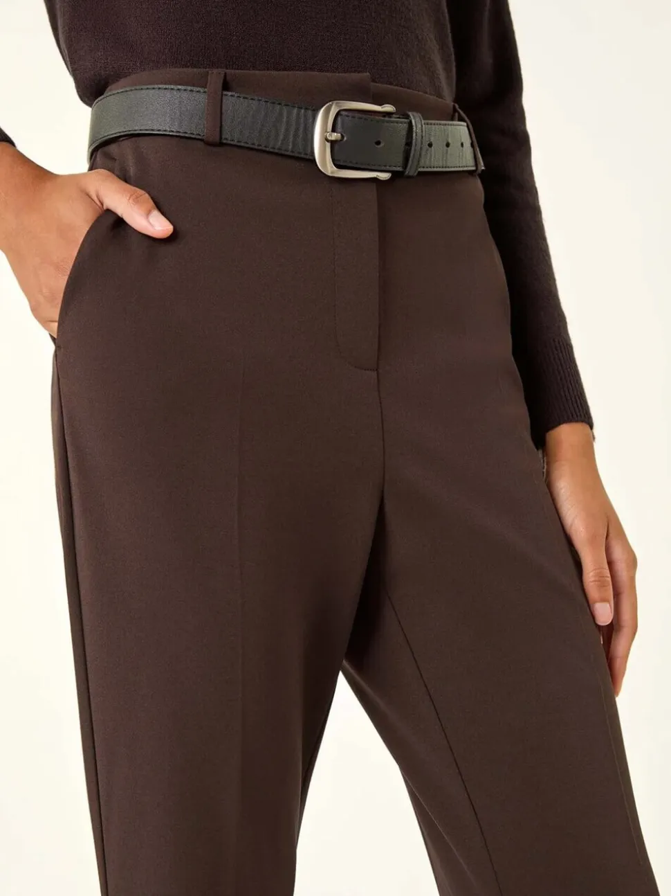 Marron - Pantalons bootcut longs extensibles Roman
