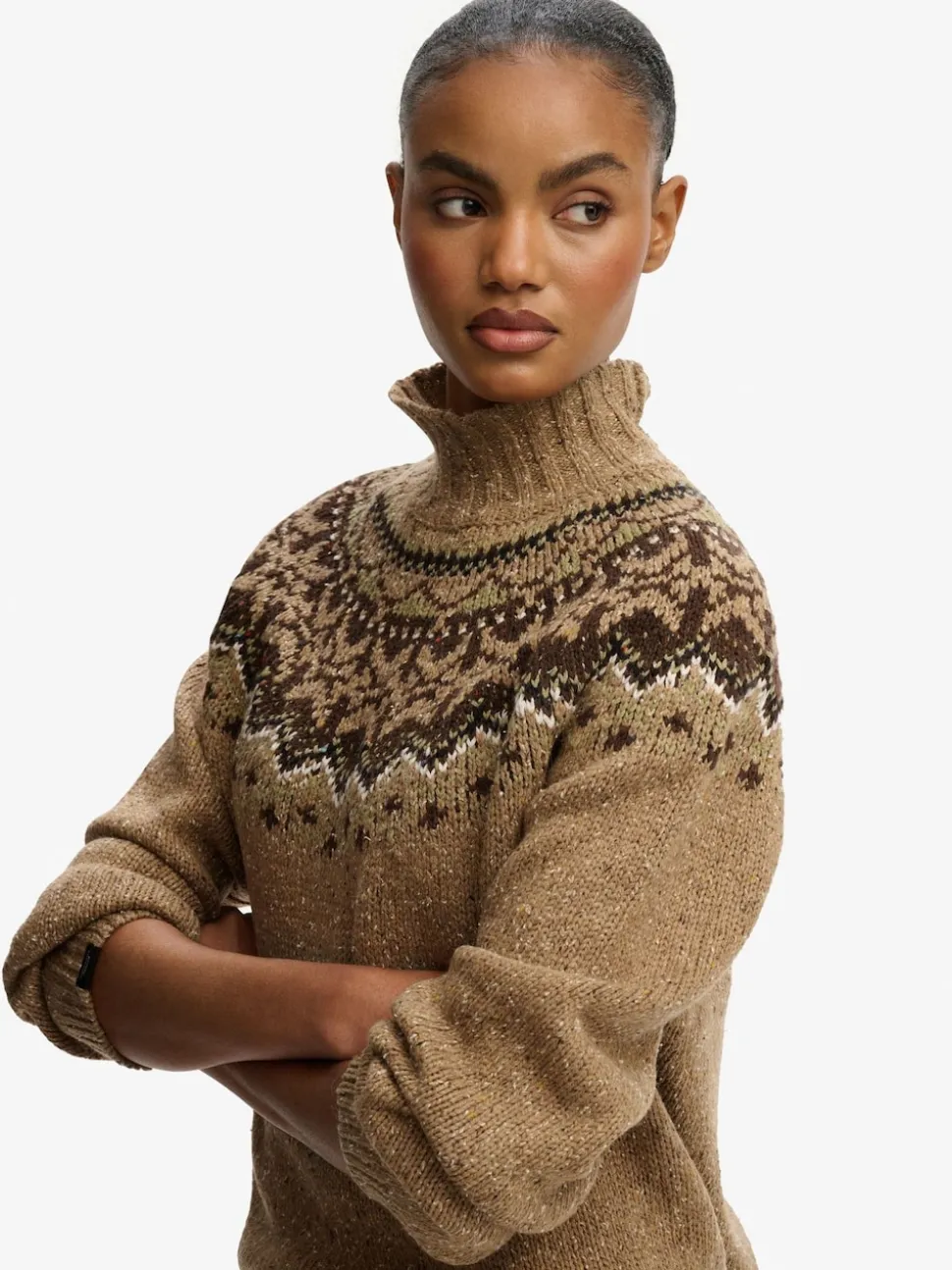 Marron - Pull Superdry à Col montant à Motif Fair Isle