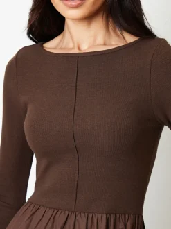 Marron - Robe Threadbare 2en jersey à manches longues1 en popeline mélangée à col coupé