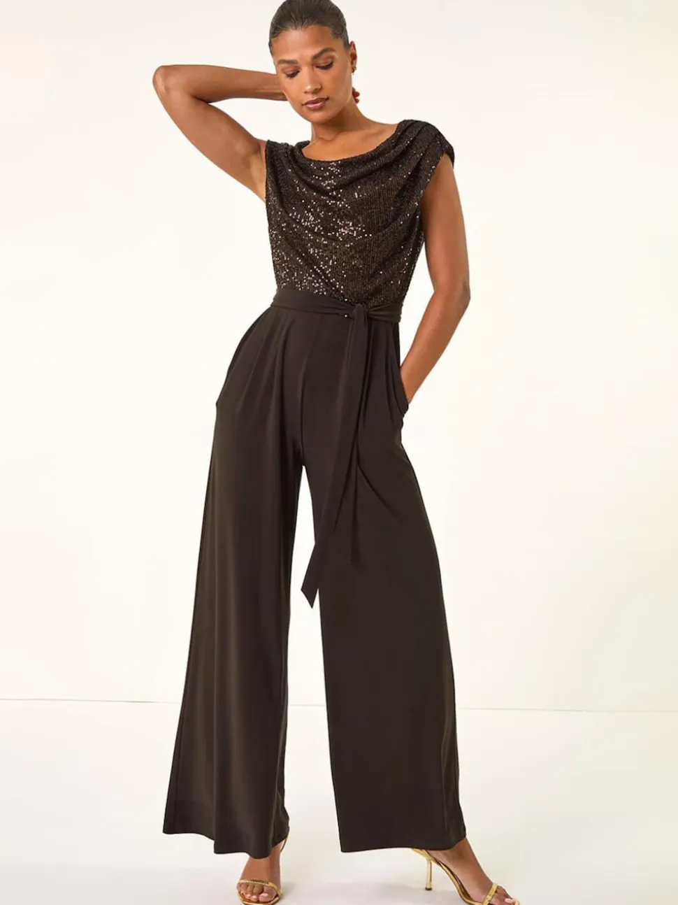 Marron - Roman Sequin Bodice Col bénitier Combinaison