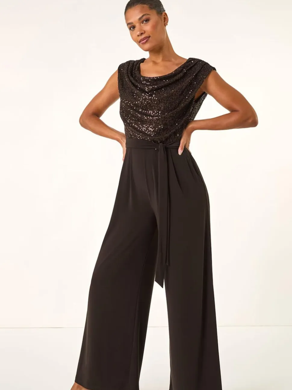 Marron - Roman Sequin Bodice Col bénitier Combinaison