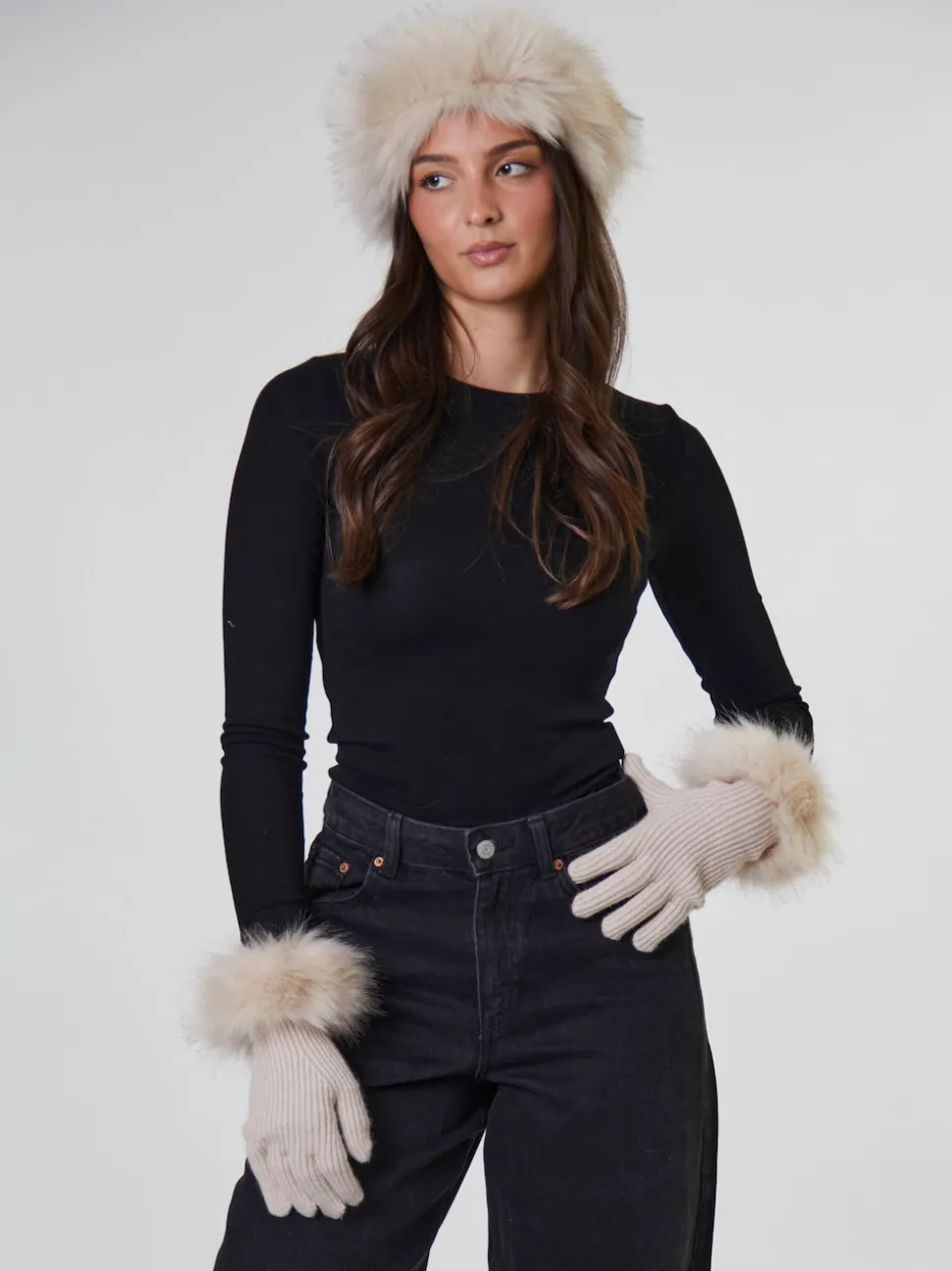 Marron - South Beach ensemble bonnet et gants en fausse fourrure
