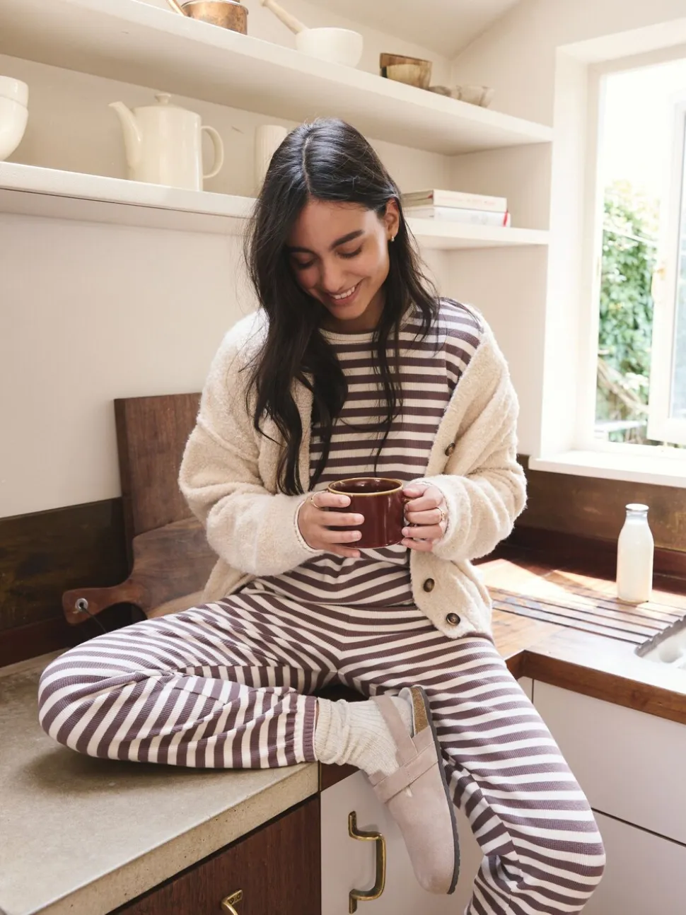 Marron café à rayure - Lot de 2 pyjamas à manches longues gaufrés confortables
