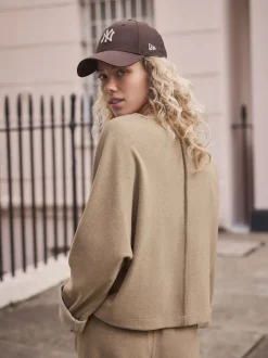 Marron café - Sweat-shirt à manches longues à col souple avec finition brossée douce