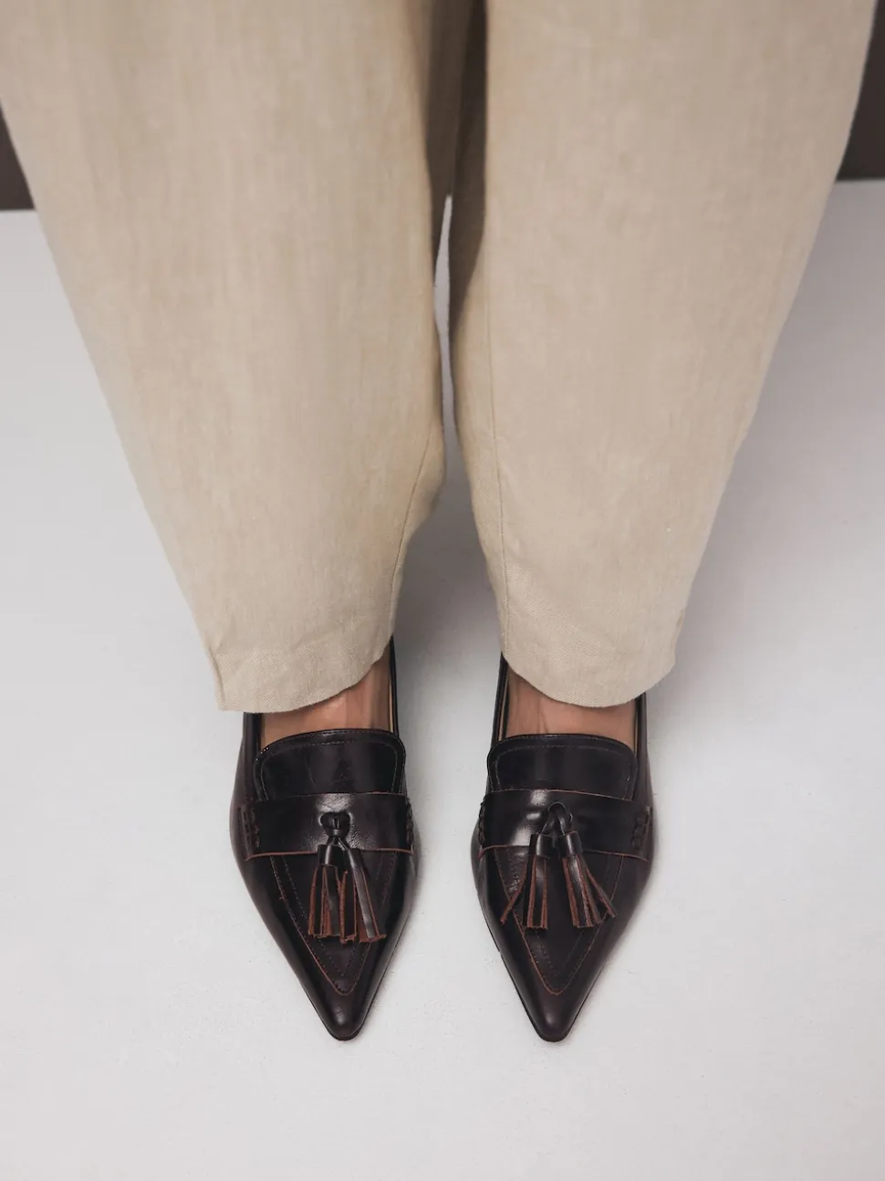 Marron choco - Cuir haut de gamme avec mocassins à talons à glands Motionflex à bout pointu