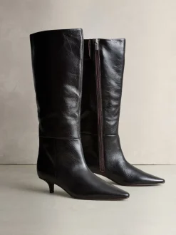 Marron chocolat - Bottes hauteur genou en cuir effet froissé Signature Underset à talon