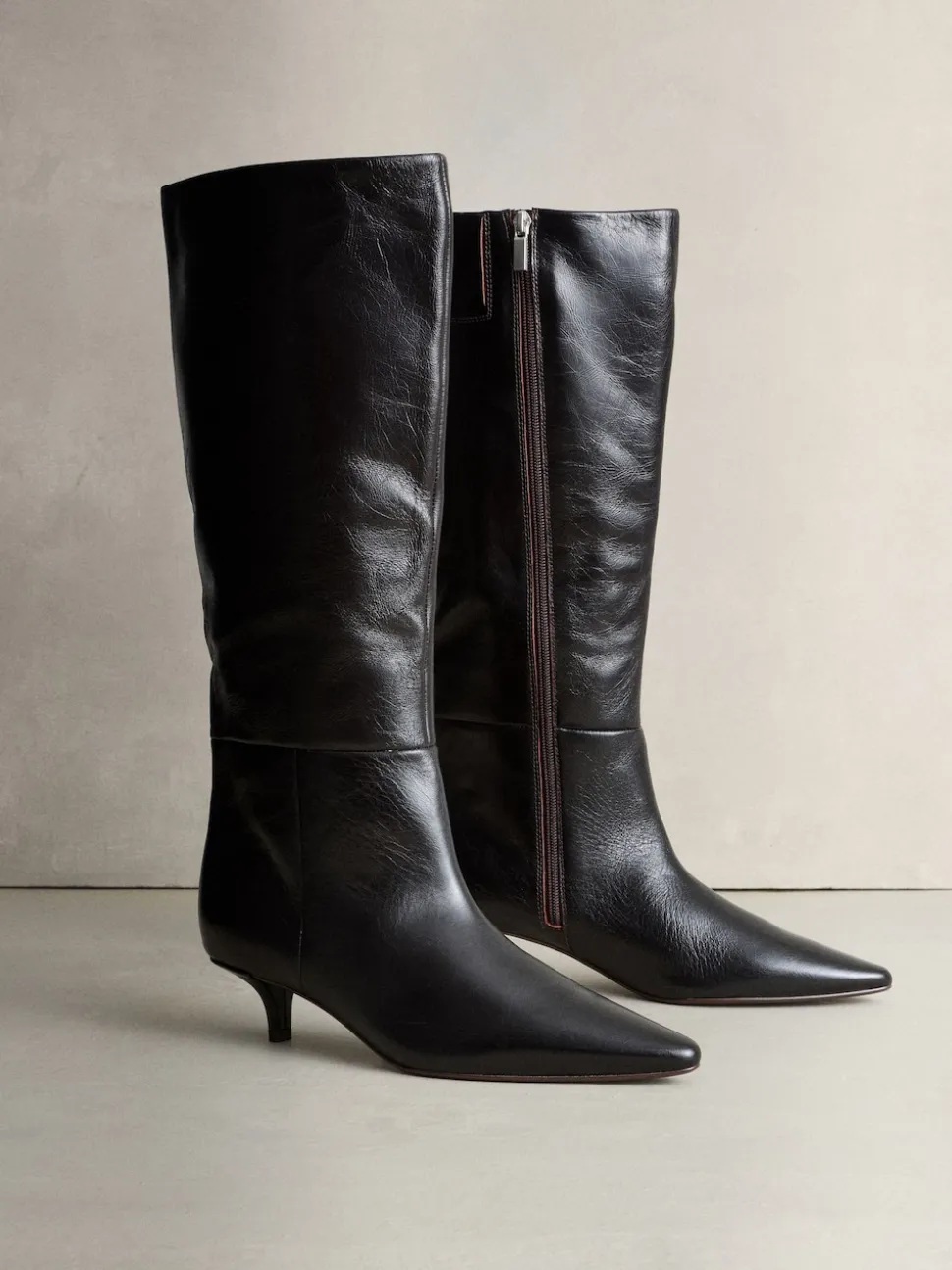 Marron chocolat - Bottes hauteur genou en cuir effet froissé Signature Underset à talon
