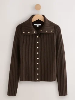Marron chocolat - Cardigan Or à col côtelé à boutons
