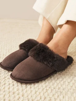 Marron chocolat - Chaussons mules en daim en fausse fourrure