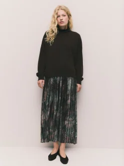 Marron chocolat à fleurs - Pull 2-en-1 en maille avec jupe mi-longue plissée