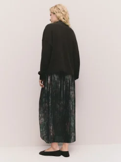 Marron chocolat à fleurs - Pull 2-en-1 en maille avec jupe mi-longue plissée