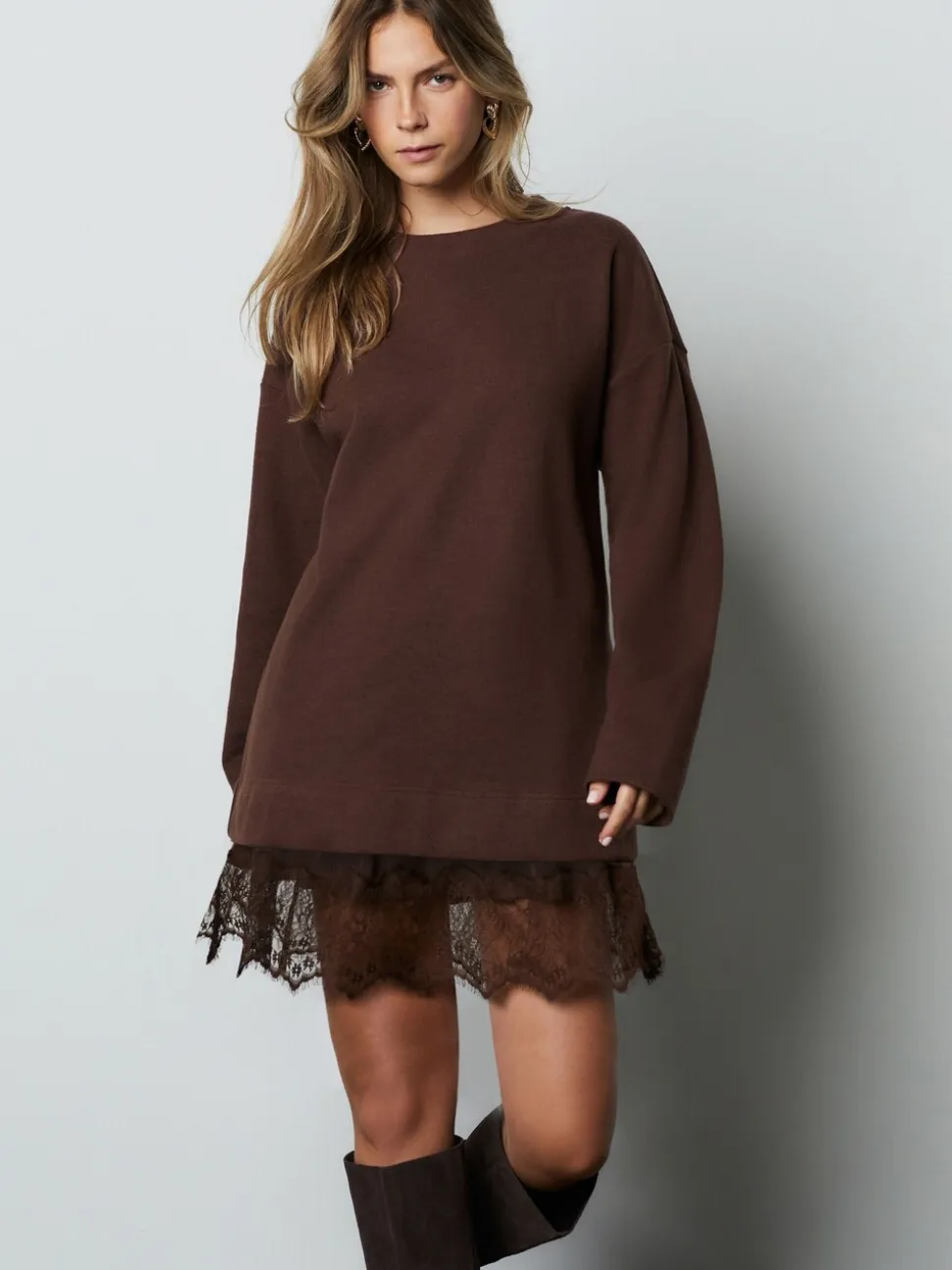 Marron chocolat - Jupe en dentelle pull 2en -1 douce