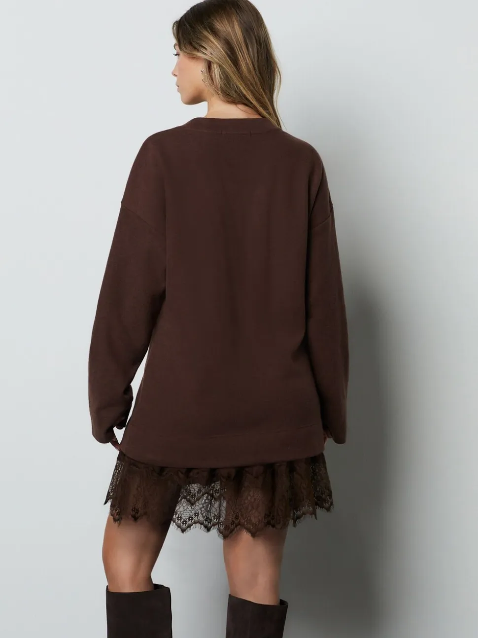 Marron chocolat - Jupe en dentelle pull 2en -1 douce