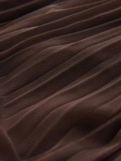 Marron chocolat - Jupe longue plissée maxi en tulle