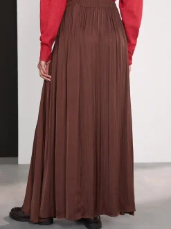 Marron chocolat - Jupe maxi plissée en satin