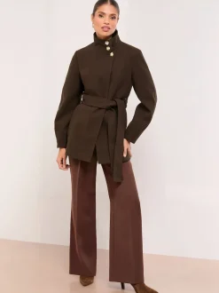 Marron chocolat - Manteau mi-long Lipsy col cheminée