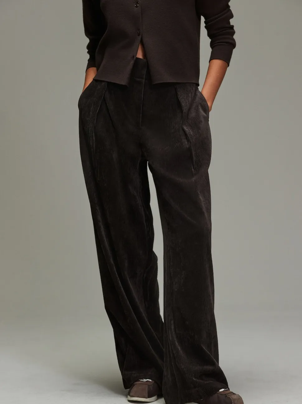 Marron chocolat - Pantalon large en velours côtelé