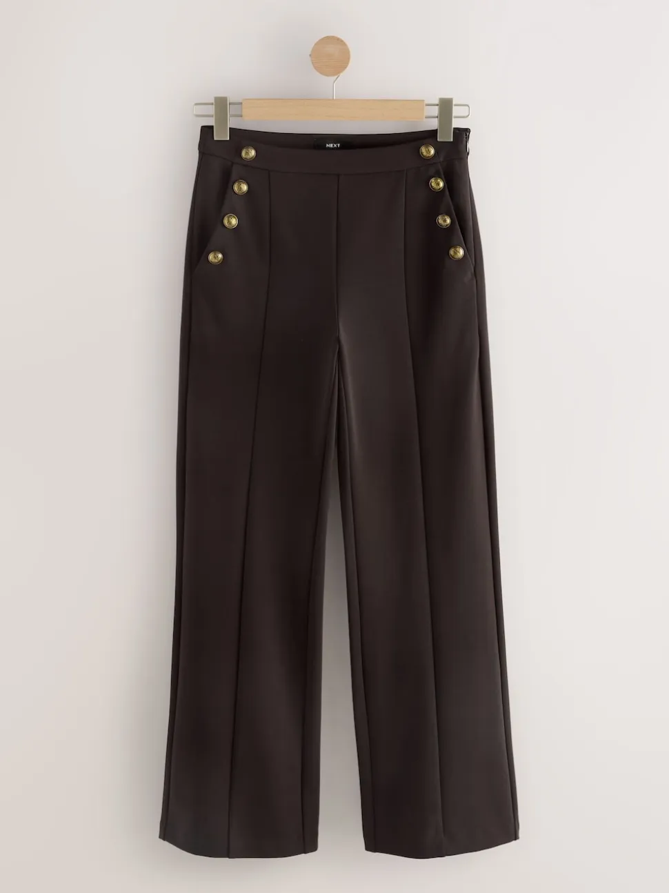 Marron chocolat - Pantalon large en Ponte avec boutons dorés