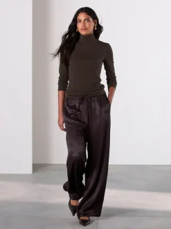 Marron chocolat - Pantalons en satin à jambe large et taille ceinturée