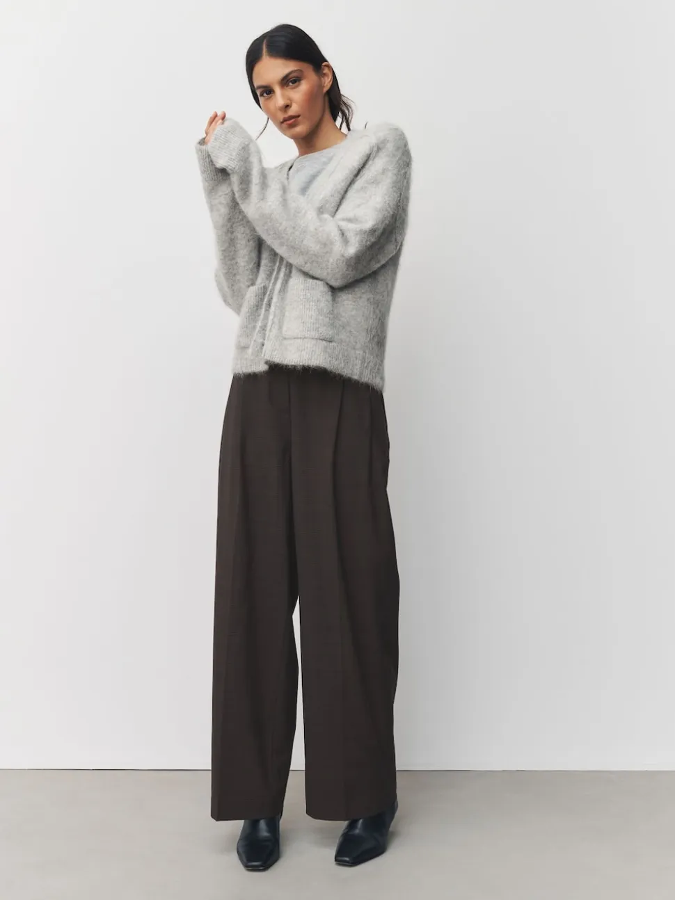 Marron chocolat - Pantalons Coupe droite à double plis à Carreaux