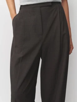 Marron chocolat - Pantalons Coupe droite à double plis à Carreaux