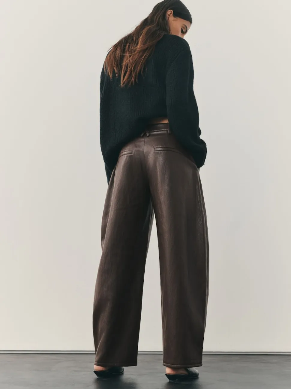 Marron chocolat - Pantalon Regular en similicuir à jambe large