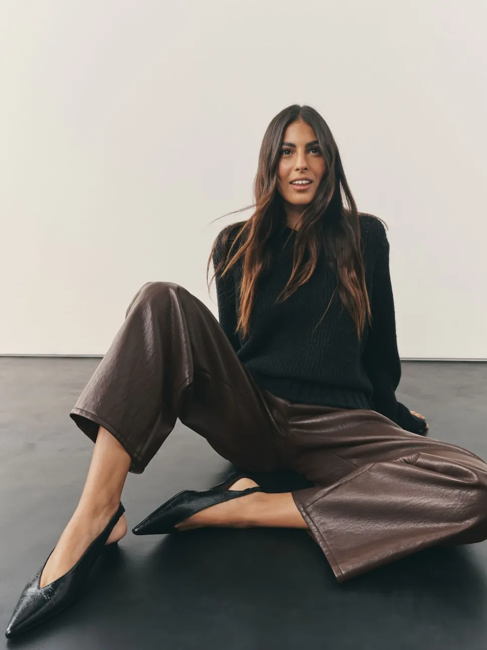Marron chocolat - Pantalon Regular en similicuir à jambe large