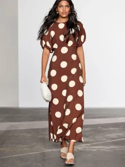 Marron chocolat à pois - Robe mi-longue imprimée à manches bouffantes