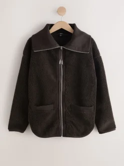 Marron chocolat - Polaire zippée en peau de mouton avec col côtelé