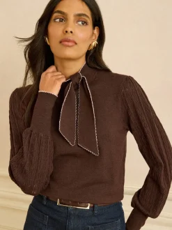 Marron chocolat - Pull Love & Roses en maille à col noué