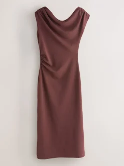 Marron chocolat - Robe mi-longue froncée drapée