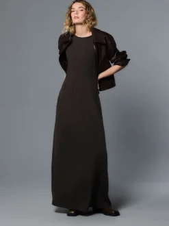 Marron chocolat - Robe mi-longue à manches courtes à bords roulés avec lin