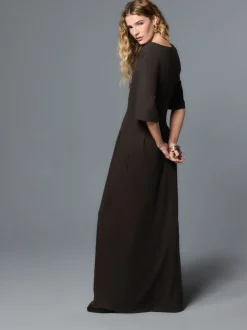 Marron chocolat - Robe mi-longue à manches courtes à bords roulés avec lin