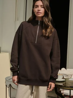 Marron chocolat - Sweat-shirt décontracté en jersey épais à col zippé